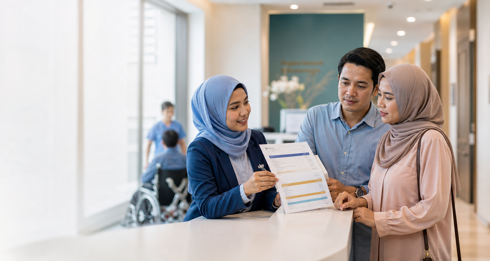 Malaysian family reviewing a private-hospital bill with hospital staff