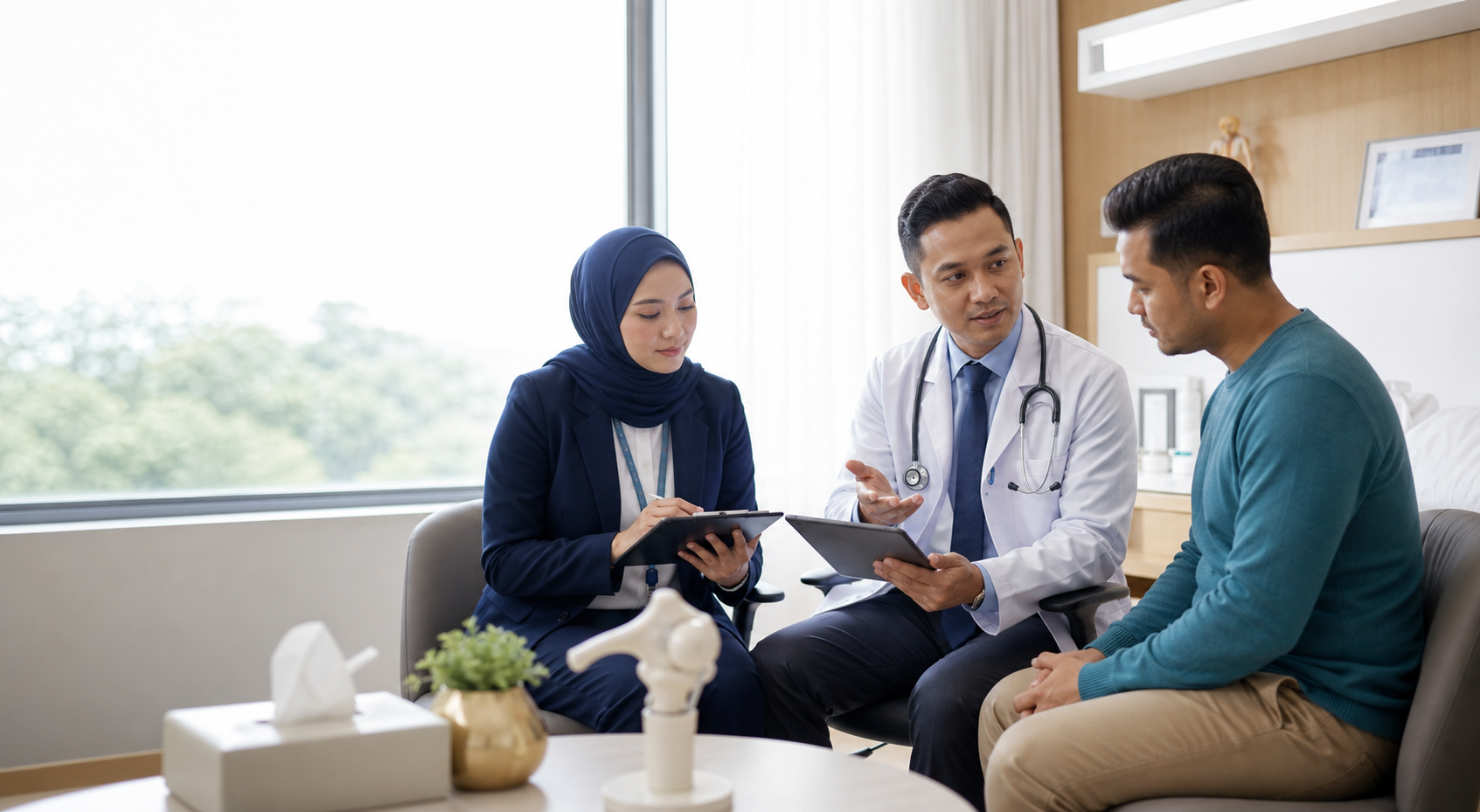 Malaysian doctor, patient and clinical reviewer discussing a treatment plan